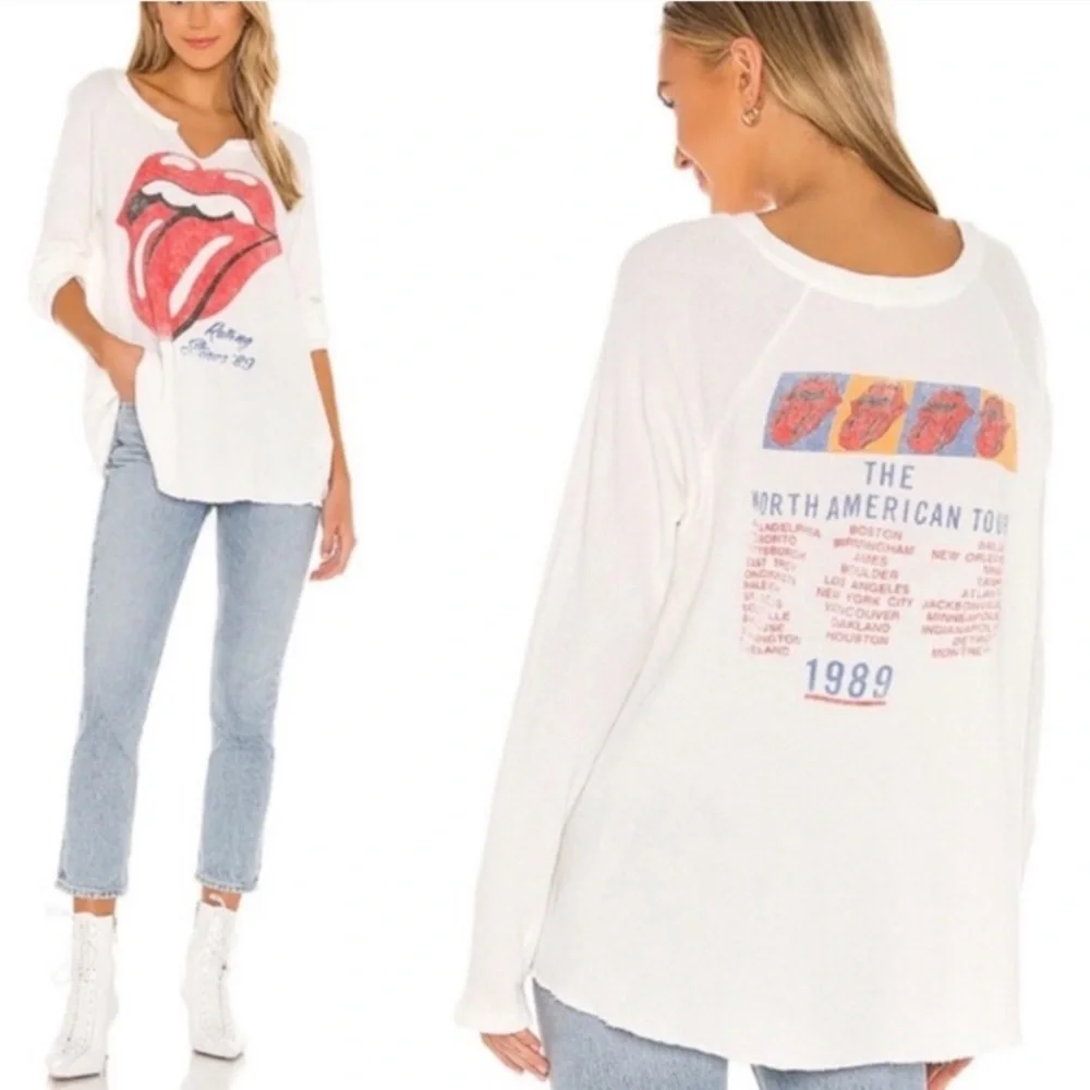 DAYDREAMER ROLLING STONES TOUR WAFFLE TEXTURE V NECK BAND TEE XS WHITE